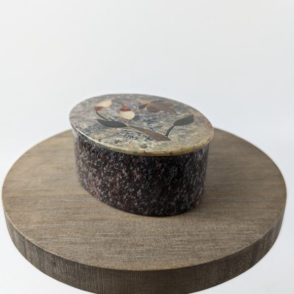 Soapstone Inlay Shell Trinket Box Jewelry Floral Vintage Vanity Oval Unique Gift - Picture 2 of 9